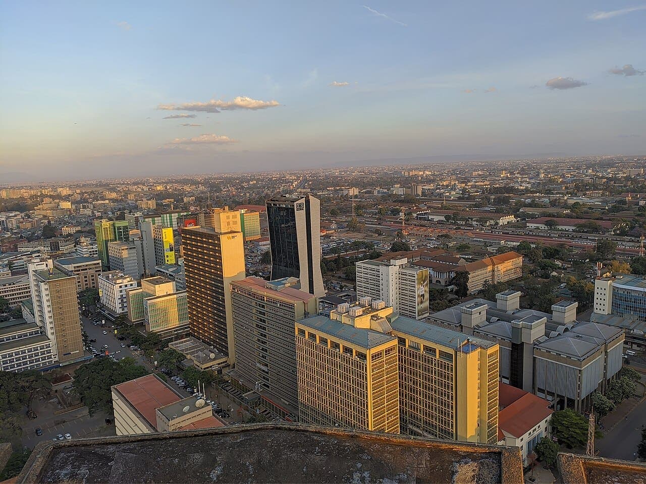 Nairobi's skyline at golden hour, seen from the KICC rooftop